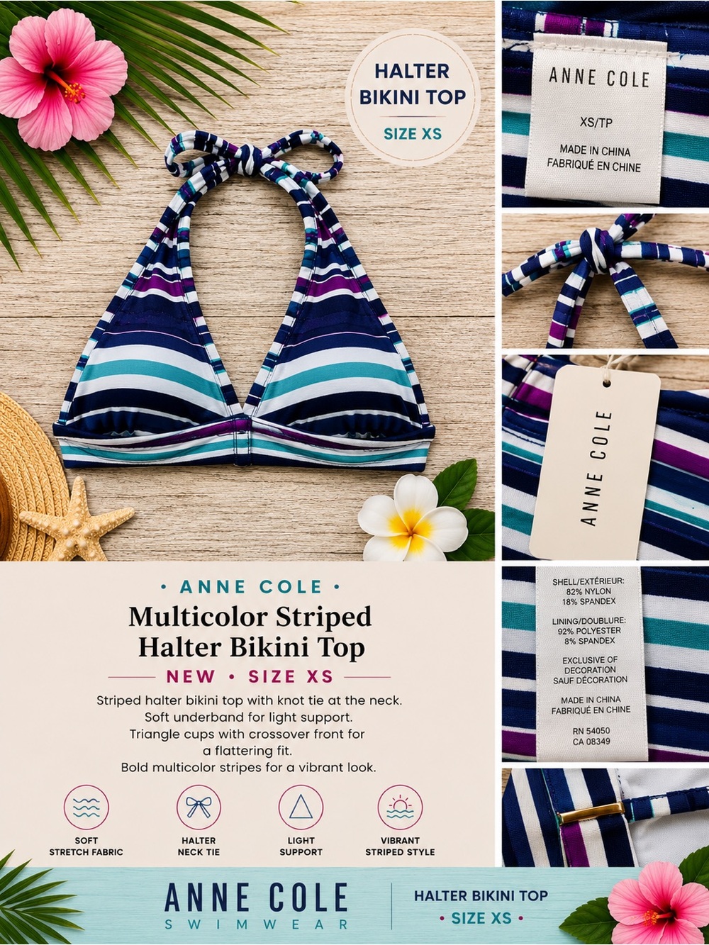 Anne Cole Multicolor Striped Halter Bikini Top - Navy, Teal & Purple NEW XS